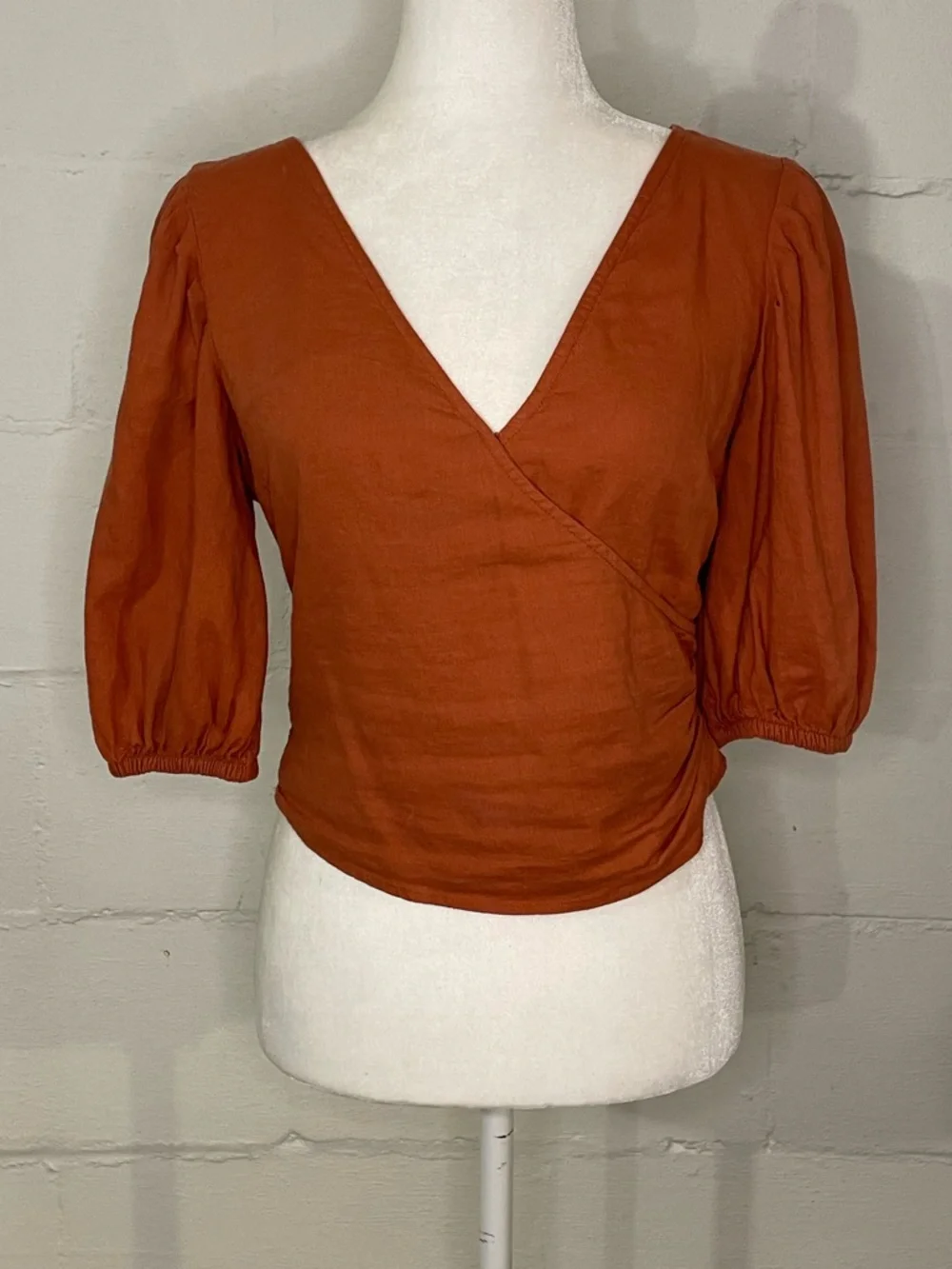 Abercrombie & Fitch Rust Wrap V-Neck Puff Sleeve Blouse